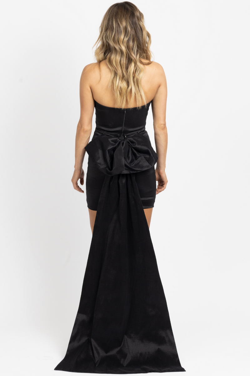 STRAPLESS BLACK BOW TRAIN MINI DRESS ...